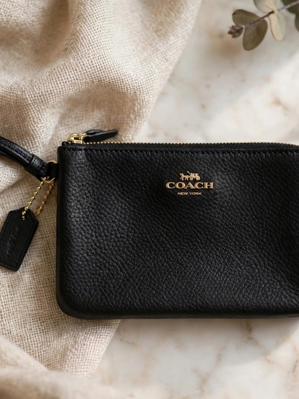 Coach Black Pebbled Leather Wristlet with Gold Logo